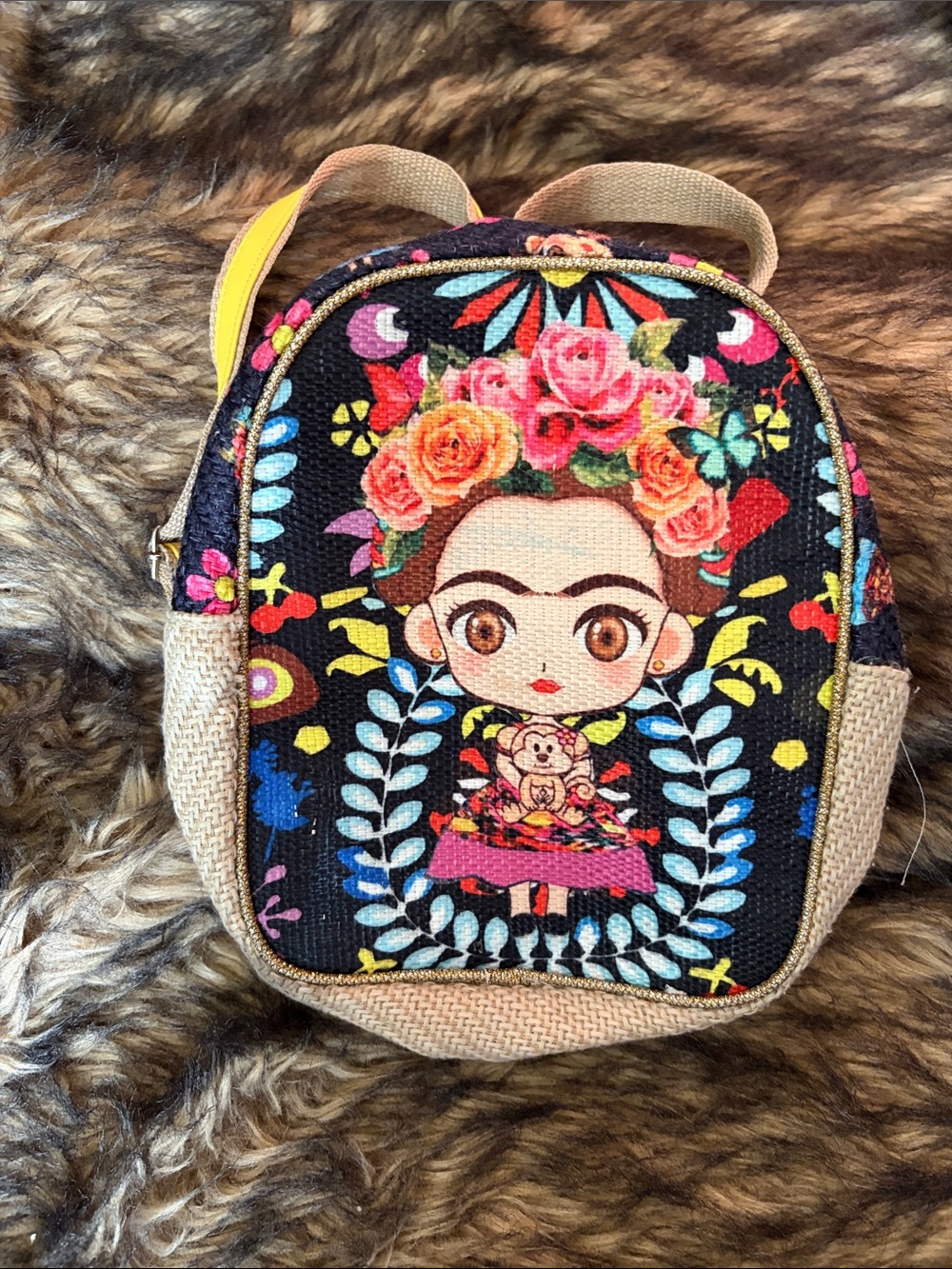 Mexican Artist Frida Kahlo Mini Backpack Animated Female Floral Yellow Woven